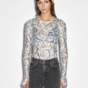 KSUBI | Paper Money All Over Graphic Long Sleeve Tee Thumbholes Fitted Sheer